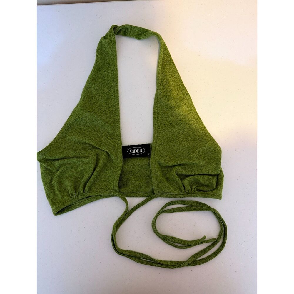 Cider Green Knit Halter Top Wrap Tie Back Crop Top Size S